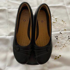 Clarks Artisan Black Leather Slip-On Shoe (slight wedge heel)